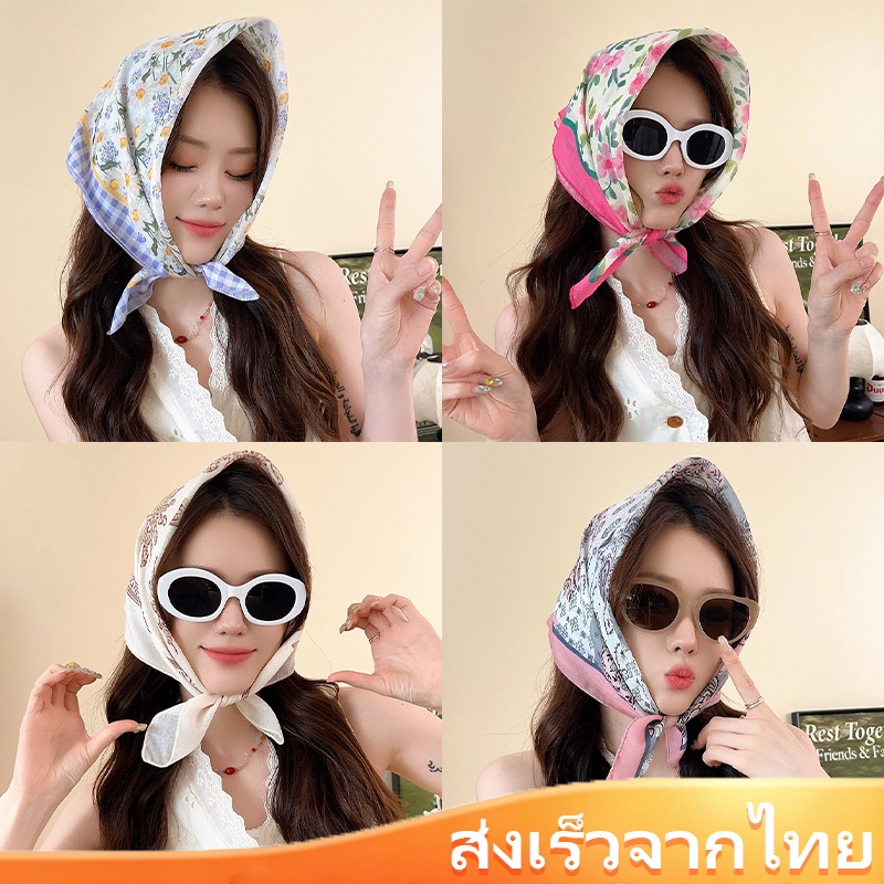 ซาติน ผ้าพันคอสี่เหลี่ยมขนาดใหญ่ 55 x 55 ซม. สไตล์เกาหลีมัลติฟังก์ชั่นสีสดใสสไตล์น่ารักพร้อมสต็อก