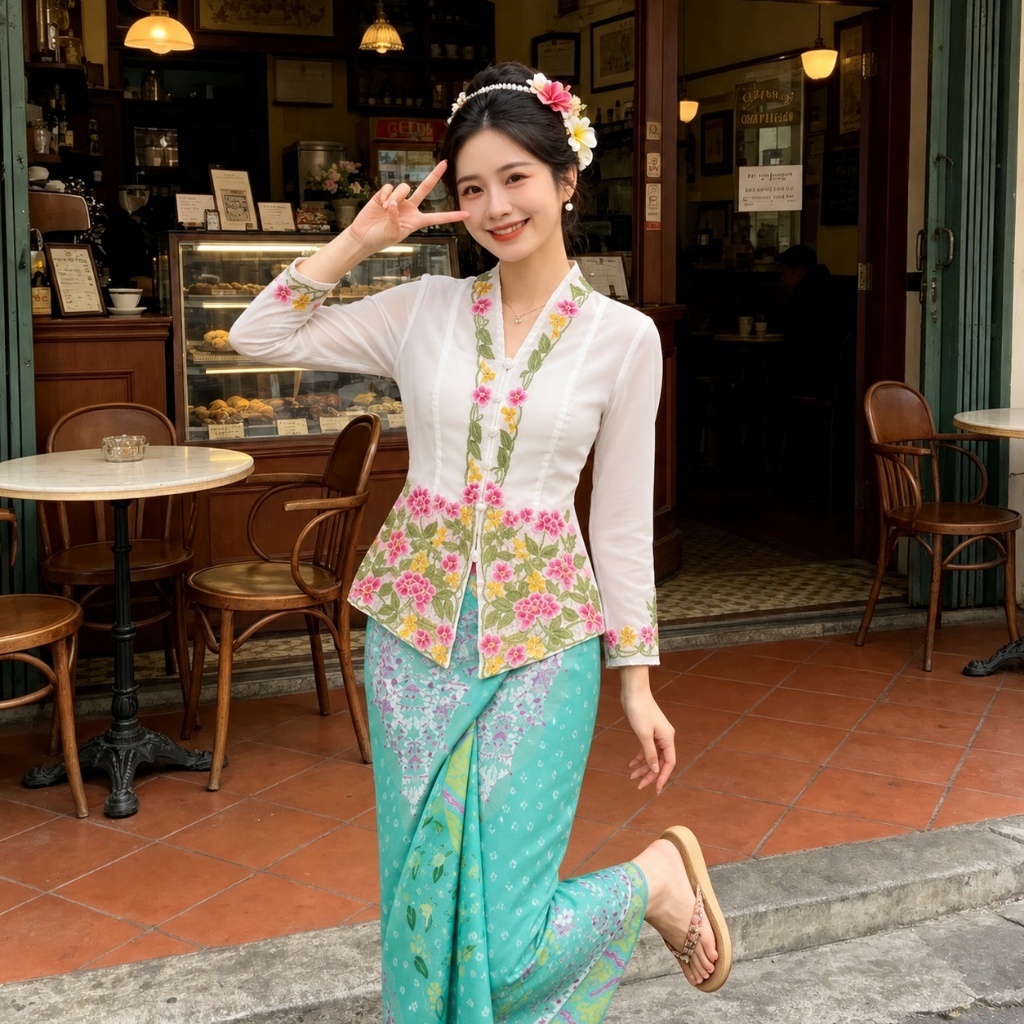 Amyenjoylife Elegant Floral ปัก Kebaya Top & Batik ชุดกระโปรงยาว – ผู้หญิงสไตล์เอเชียตะวันออกเฉียงใต้แบบดั้งเดิมเครื่องแต่งกาย