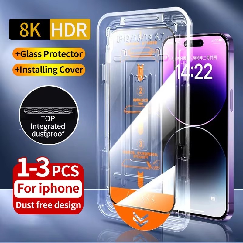 สําหรับ iPhone 17 Pro Max 16 Plus 15 14 13 12 11 X Pro Max XR X 8 7 กระจกนิรภัยปราศจากฝุ่นป้องกันหน้าจอพร้อมเครื่องมือติดตั้งป้องกันการระเบิดง่ายลบ