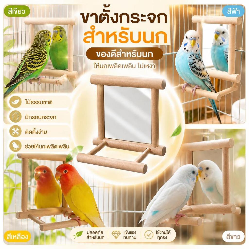 CKFR กระจกของเล่นสำหรับนก พร้อมแท่นยืน Bird Perch ติดกรงได้ สำหรับนกคอกคาเทียล นกแก้ว Cage