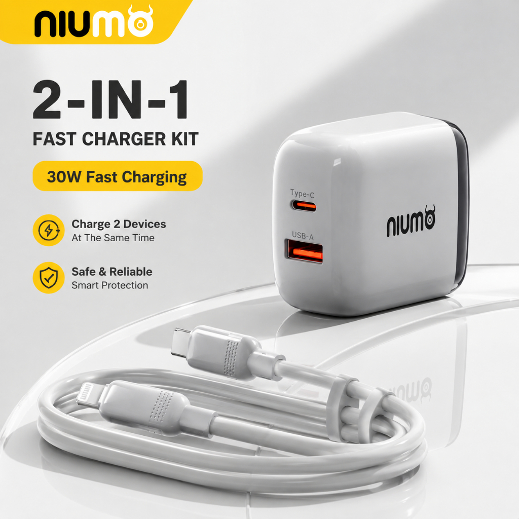 NIUMO สายชาร์จเร็ว 30W PD 1.5M สีเทาพรีเมียม | ชาร์จเร็วความเร็วสูง | สาย 2 หัว สำหรับ iPhone Androi