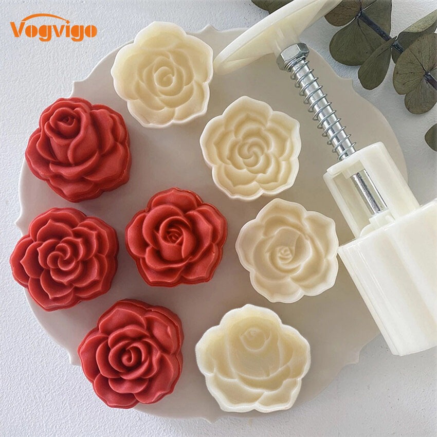 VOGVIGO 4 ชิ้น 50 กรัม Rose Shaped Mooncake Mould Hand-press วันวาเลนไทน์ Mould DIY ตกแต่งครัวเบเกอรี่เครื่องมือ