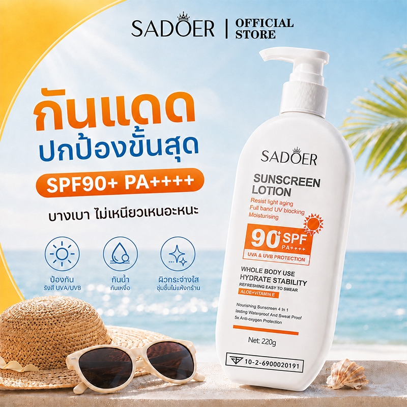 SADOER แอนตี้-โฟเวจ บอดี้ ซันสกรีน โลชั่น เอสพีเอฟ90+ ต่อปี++++ กันน้ําและกันเหงื่อซ่อมแซมสารต้านอนุมูลอิสระและให้ความชุ่มชื้นบํารุง