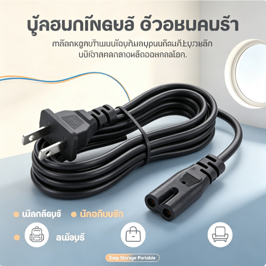 สายไฟ 2 ขา (IEC320 C7) หัวเลข 8 สายปลั๊กไฟ สำหรับเครื่องพิมพ์ ปริ้นเตอร์ โน้ตบุ๊ค ทีวี PS4 ลำโพง ความยาวมาตรฐาน