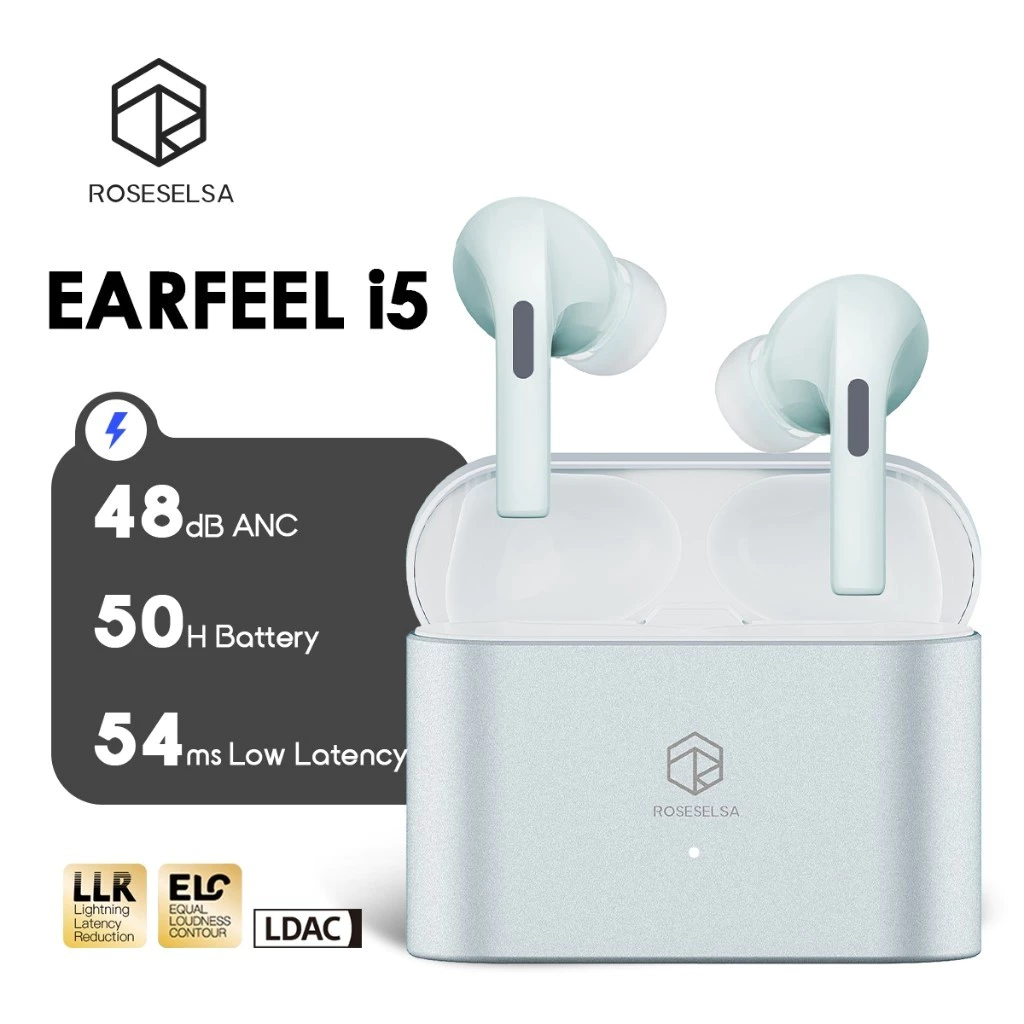 ROSESELSA EARFEEL i5 หูฟังไร้สาย หูฟังบลูทูธ ANC 48dB ตัดเสียงรบกวน เสียง Hi-Res LDAC หูฟังเกมมิ่ง ดีเลย์ต่ำ 54ms เชื่อมต่อ 2 อุปกรณ์ ไมค์ 4 ตัว AI โทรชัด แบตอึด 50 ชม. ชาร์จเร็ว กันน้ำ IPX5 2 ปี