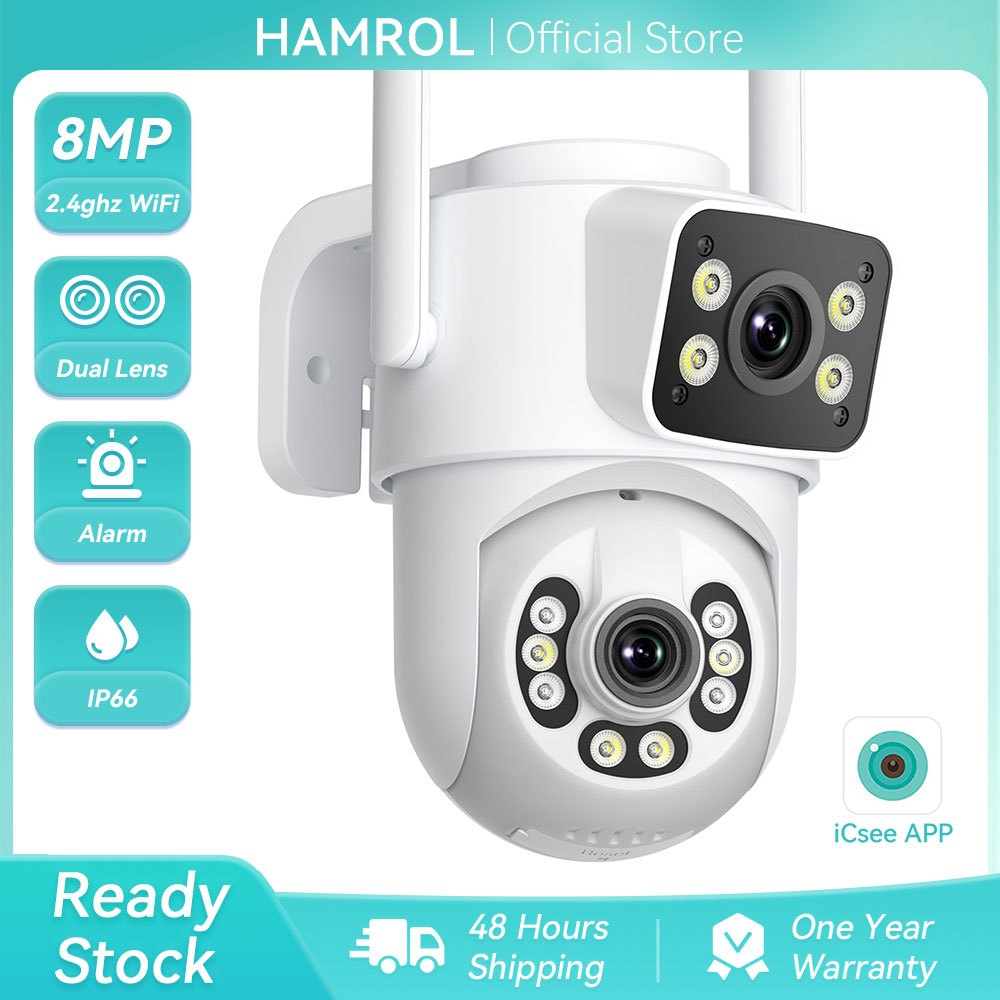 Hamrol กล้องวงจรปิด CCTV ICsee 4K 8MP เลนส์คู่ PTZ WiFi กันน้ํา สําหรับใช้ในบ้าน นอกบ้าน