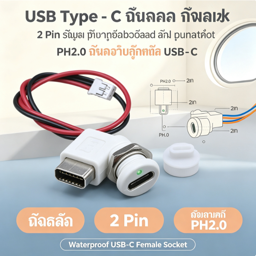USB Type-C หัวแม่ กันน้ำ 2 Pin พร้อมแผ่นบอร์ดและรูน็อต PH2.0 ปลั๊กชาร์จ USB-C อะไหล่ DIY อิเล็กทรอนิกส์