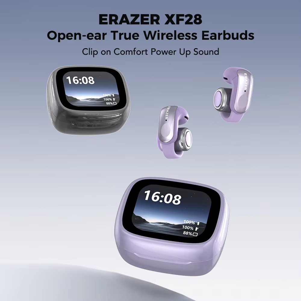 ERAZER XF28 Open Ear Clip-on Earbuds Bluetooth 6.0 หูฟังไร้สายพร้อมเคสชาร์จหน้าจอสัมผัส LCD เวลาเล่น