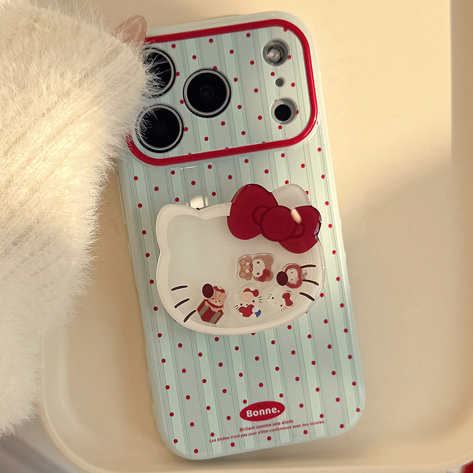 น่ารักการ์ตูน KT แมวเคสโทรศัพท์สําหรับ IPhone 17 PRO MAX 16 15 14 13 12 11 PRO MAX 3D Love Heart ถุงลมนิรภัยกันกระแทกกันชน Soft TPU ปกหลังพร้อมตุ๊กตาผู้ถือขาตั้ง