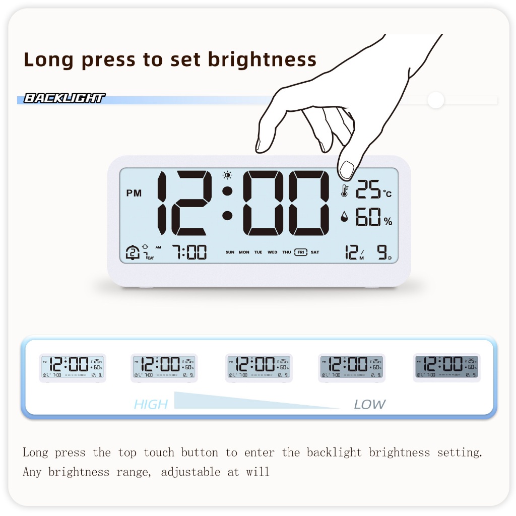 นาฬิกาปลุกดิจิตอล LCD 8001-EN นาฬิกาดิจิตอลมัลติฟังก์ชั่น LED ความสว่างปรับอุณหภูมิความชื้นจอแสดงผลนาฬิกาปลุกโหมดปลุกคู่, จอแสดงผลสัปดาห์และเดือน, รูปที่ 7
