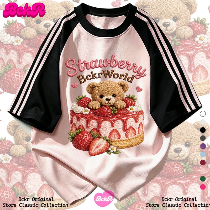 【จัดส่งตลอด 24 ชั่วโมง】🔥BCKR เสื้อลายหมีลายสามแถบคอกลม 🐻oversize ผู้หญิง ชุดหน้าร้อน tshirt YG1626
