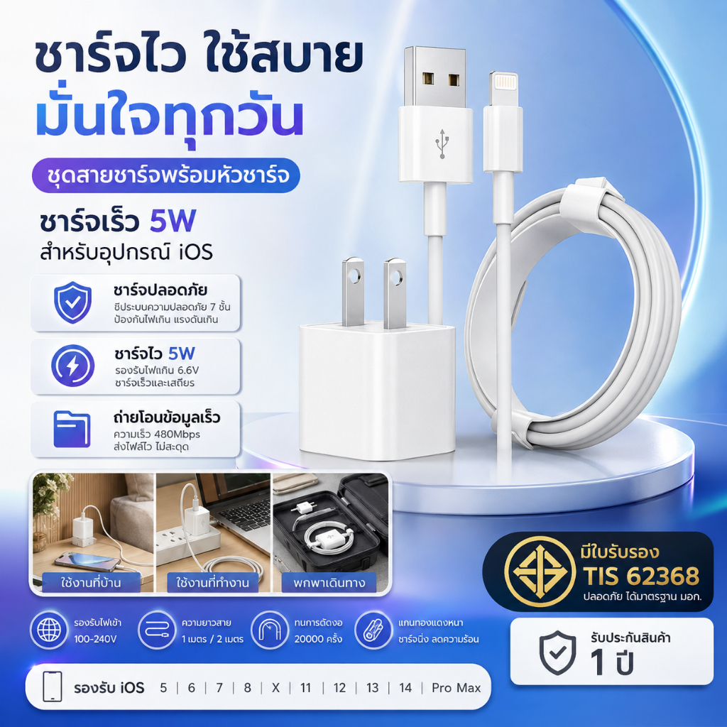 OSCROP Y87 ชุดสายชาร์จ+หัวชาร์จ 5W สายชาร์จเร็ว 1m/2m ถ่ายโอนข้อมูล 480Mbps ป้องกันแรงดันไฟเกิน 6.6V