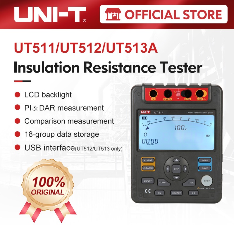 Uni-t เครื่องทดสอบความต้านทานฉนวนกันความร้อน UT511 UT512 UT513A 600V AC DC ไฟแบ็คไลท์ LCD