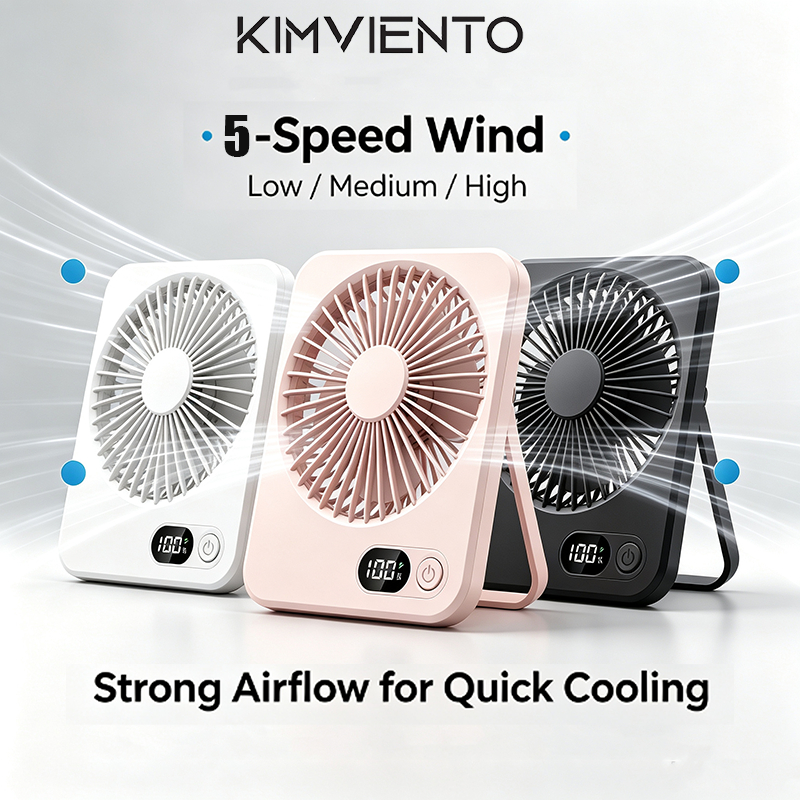 KIMVIETTO พัดลมตั้งโต๊ะ Mini USB แบบพกพา (3000mAh) – พับได้ 180° พัดลมตั้งโต๊ะ พร้อมจอแสดงผล นํา ความเร็ว 5 ตัว และขาตั้ง