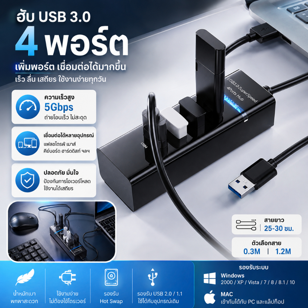 USB Hub 4 พอร์ต USB 3.0 ความเร็วสูง 5Gbps เพิ่มพอร์ตคอม เชื่อมต่ออุปกรณ์หลายชิ้น ใช้งานง่าย Plug and