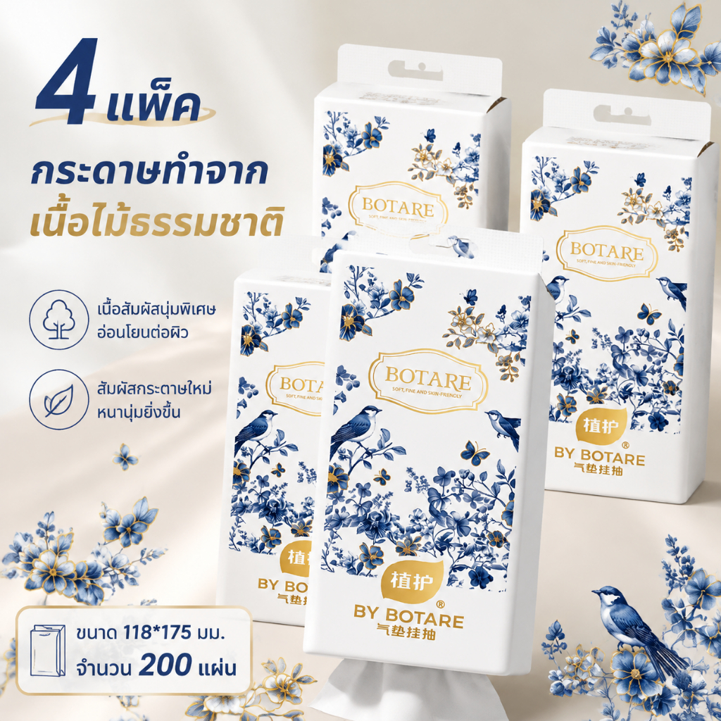 【4ห่อ】BOTARE ทิชชู่ 4 ชั้นหนา 200 แผ่น เนื้อไม้บริสุทธิ์ ใช้ในบ้าน ราคาถูก ลายลมอัดเบา ขนาด 118x175mm คุ้มค่า