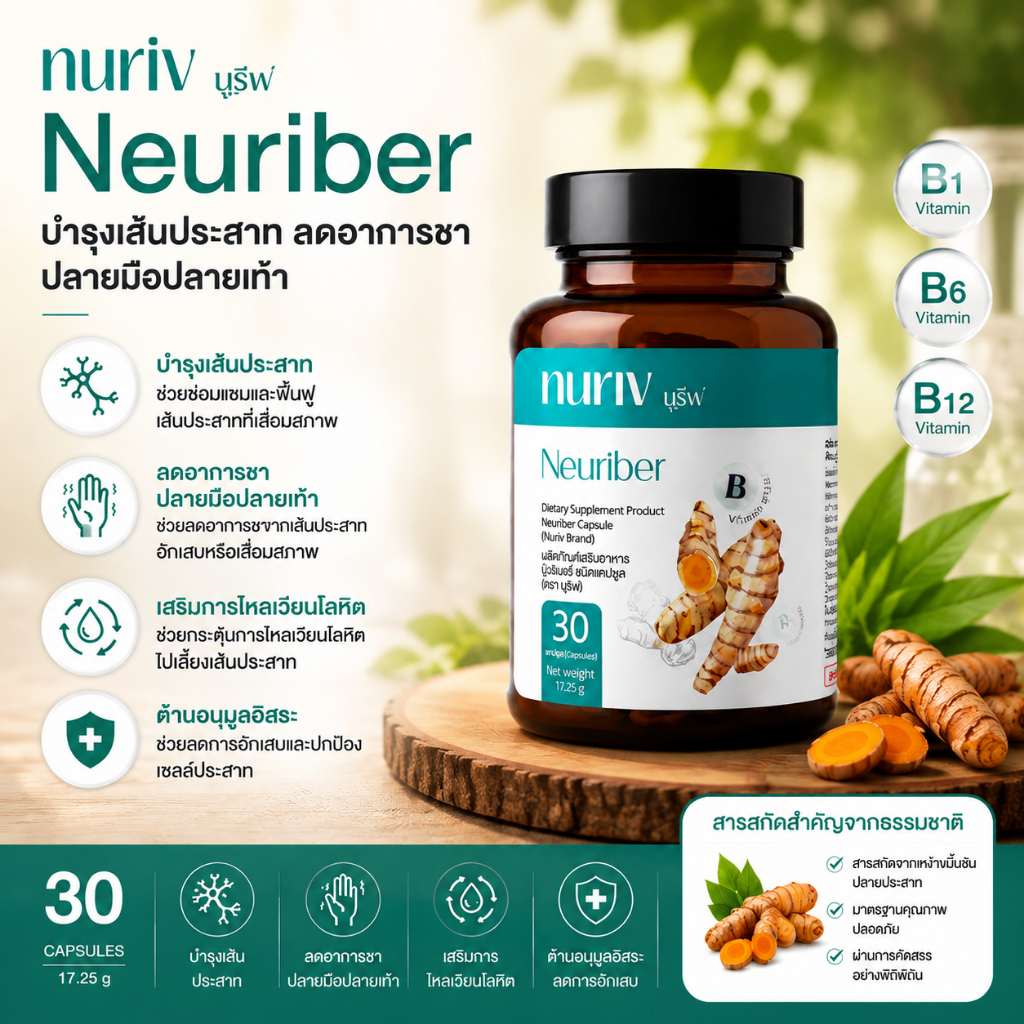 Nuriv Neuriber นูรีฟ นูริเบอร์ อาหารเสริมสนับสนุนสุขภาพระบบประสาท ช่วยบรรเทาอาการชาที่มือและเท้า 30 แคปซูล