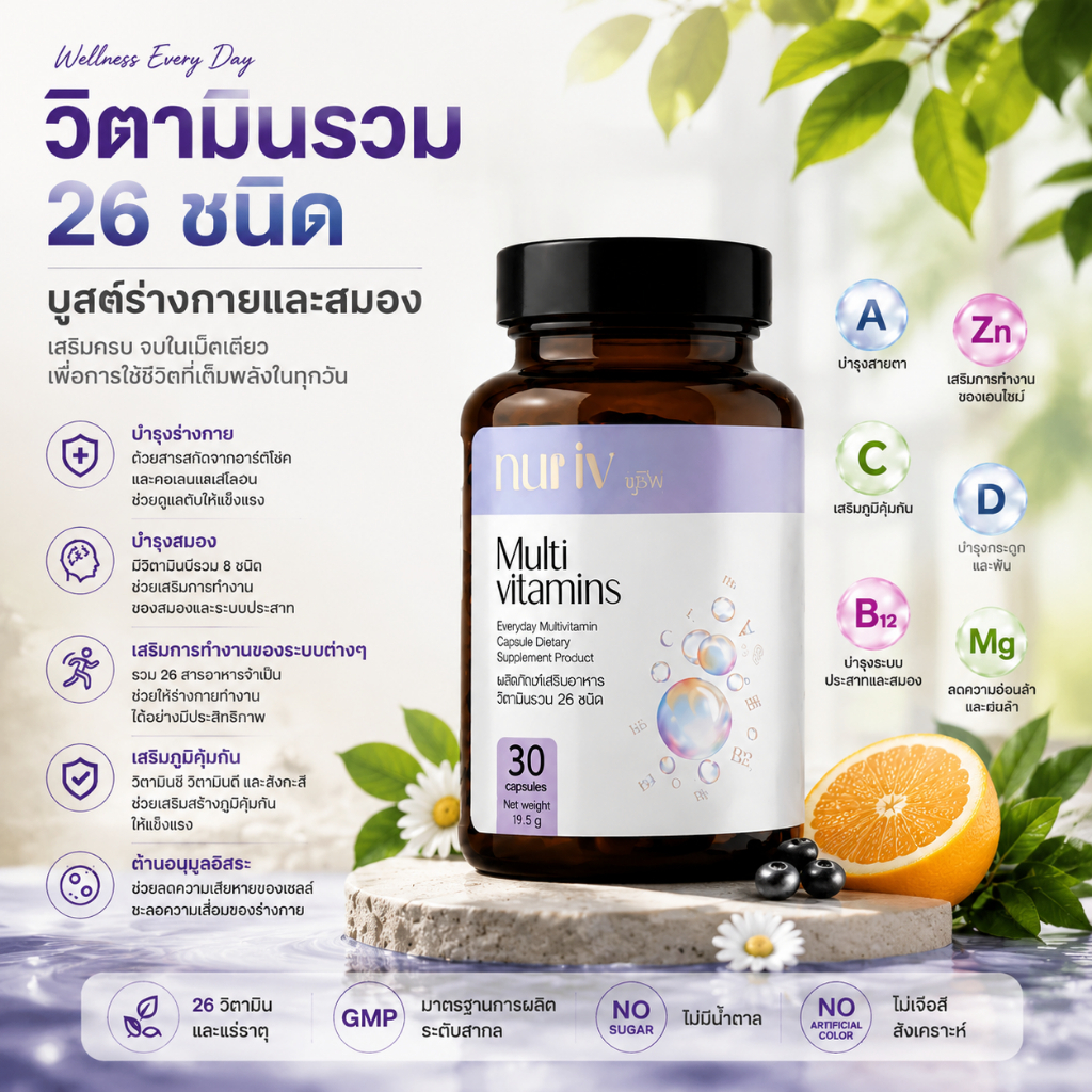 Nuriv Everyday MultiVitamin ประกอบด้วยวิตามินรวม 26 ชนิด จำนวน 30 แคปซูล เหมาะสำหรับเสริมสารอาหารในชีวิตประจำวัน