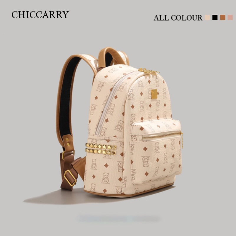CHICCARRY Vintage All-Over Bear Print Mini Backpack, Premium Texture Lightweight Casual Small Backpack For Student Daily Commute