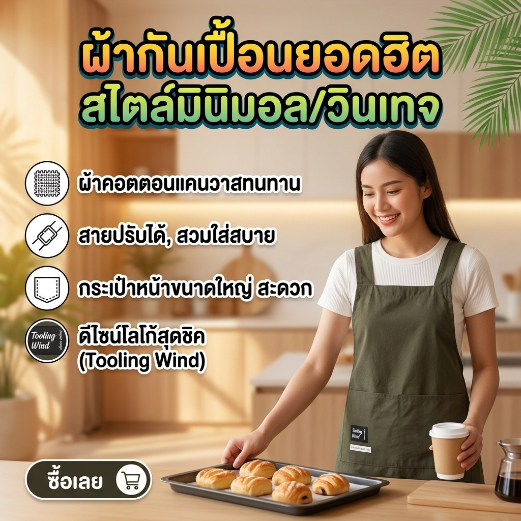 ผ้ากันเปื้อน สไตล์มินิมอล/วินเทจ ผ้าคอตตอนแคนวาสอย่างดี มีกระเป๋าหน้า ปรับสายได้ (Tooling Wind)