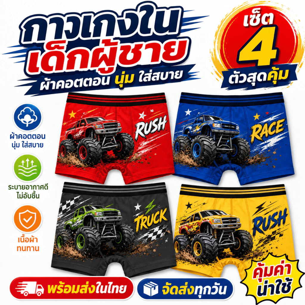 ชุดชั้นในเด็กผู้ชาย แพ็ค 4 ชิ้น ผ้าฝ้ายระบายอากาศ พิมพ์อนิเมะการ์ตูน