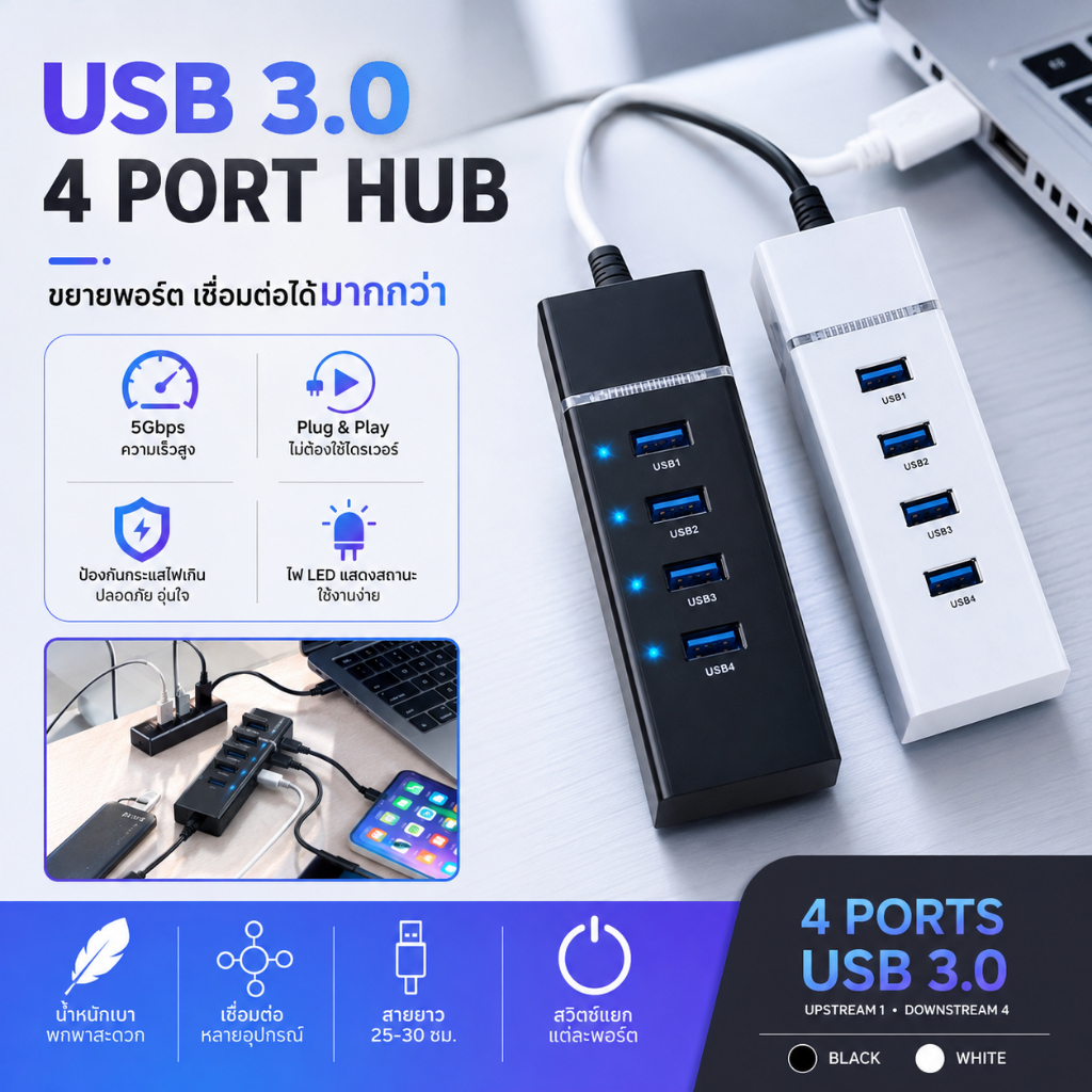 USB HUB 3.0 4 พอร์ต ความเร็วสูง 5Gbps Plug and Play ไม่ต้องใช้ไฟเลี้ยง ป้องกันกระแสไฟเกิน ใช้งานกับ 