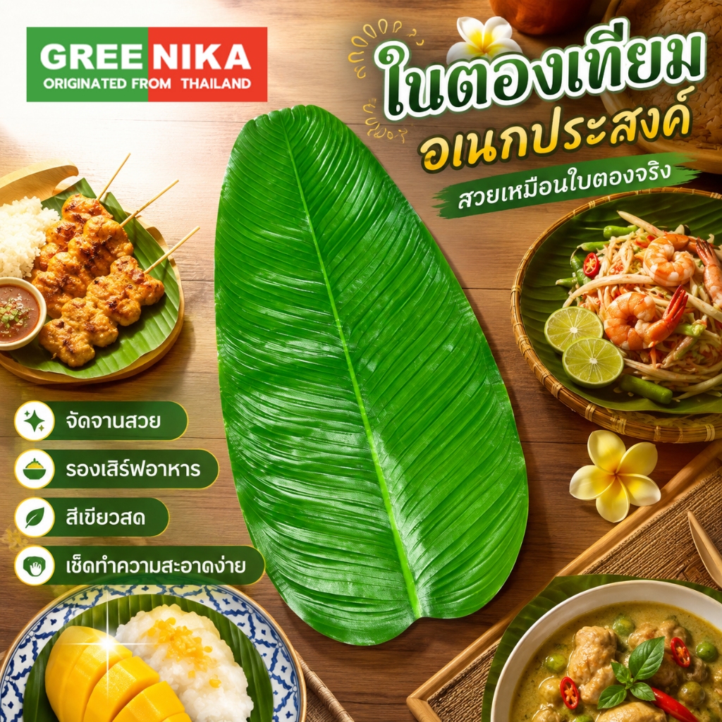 GREENIKA ใบตองปลอม ซื้อ 10 ชิ้น 10 ชิ้น ใบตองเทียม ใบกล้วย แผ่นรองจานลายใบกล้วย สีเขียวสมจริง สำหรับจัดจาน ตกแต่งโต๊ะ