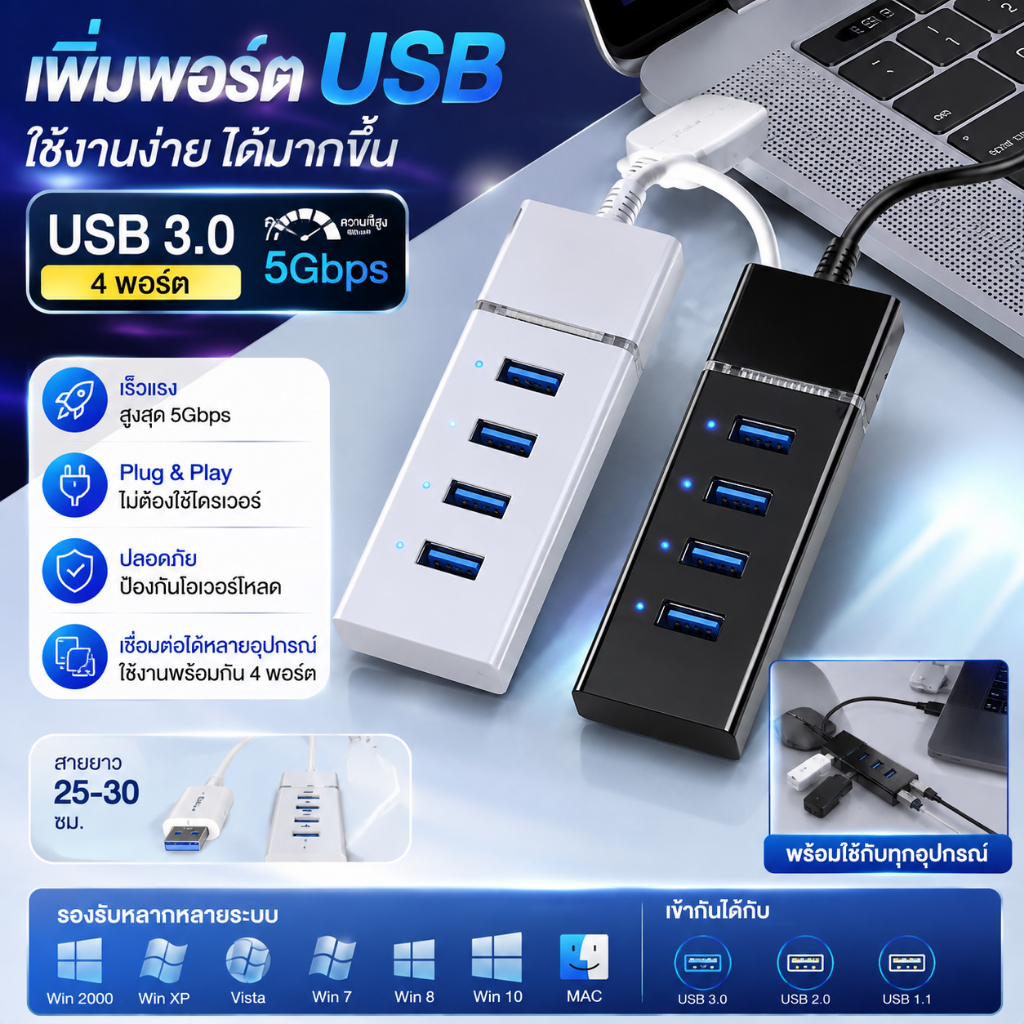 USB HUB 3.0 ความเร็วสูง 4 พอร์ต เพิ่มพอร์ต USB สำหรับ PC แล็ปท็อป Plug and Play ไม่ต้องใช้ไดรเวอร์ เ