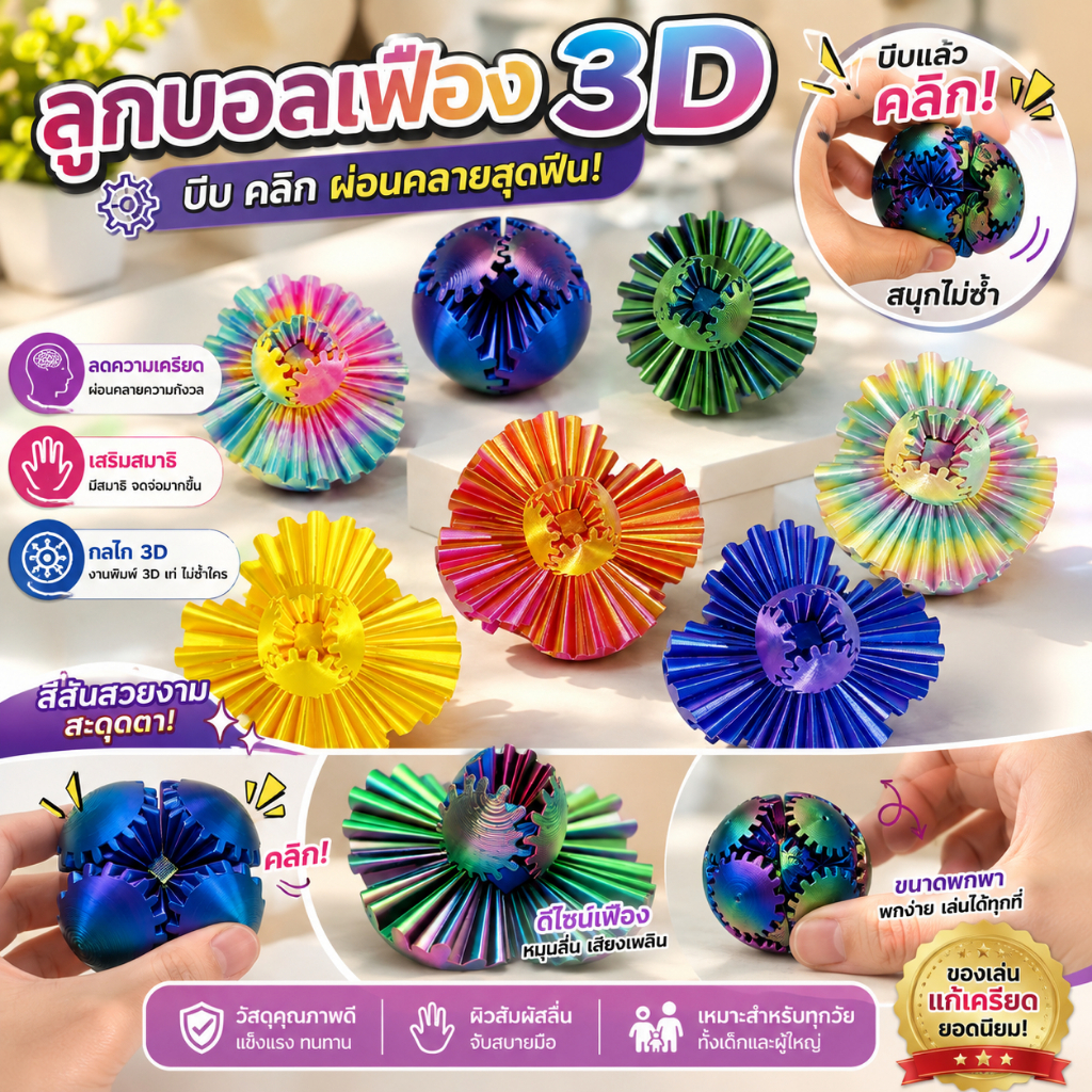 ของเล่นคลายเครียดรูปทรงลูกบอลเฟือง พิมพ์ด้วยระบบ 3D สุดสร้างสรรค์ - ของเล่นปริศนาตั้งโต๊ะแบบกลไก ช่วยคลายความวิตกกังวลและเสริมสร้างสมาธิ