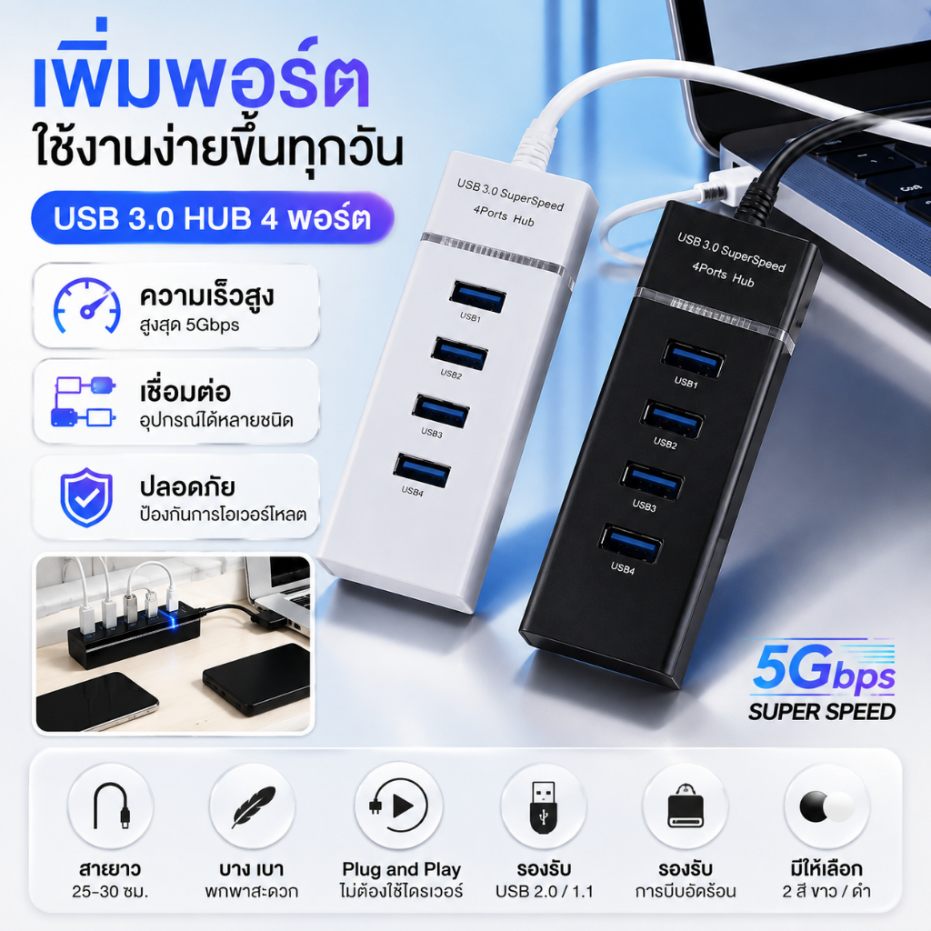 USB HUB 3.0 4 พอร์ต ความเร็วสูง สูงสุด 5Gbps เพิ่มพอร์ตคอมพิวเตอร์สำหรับ PC โน้ตบุ๊ก Plug and Play ใ