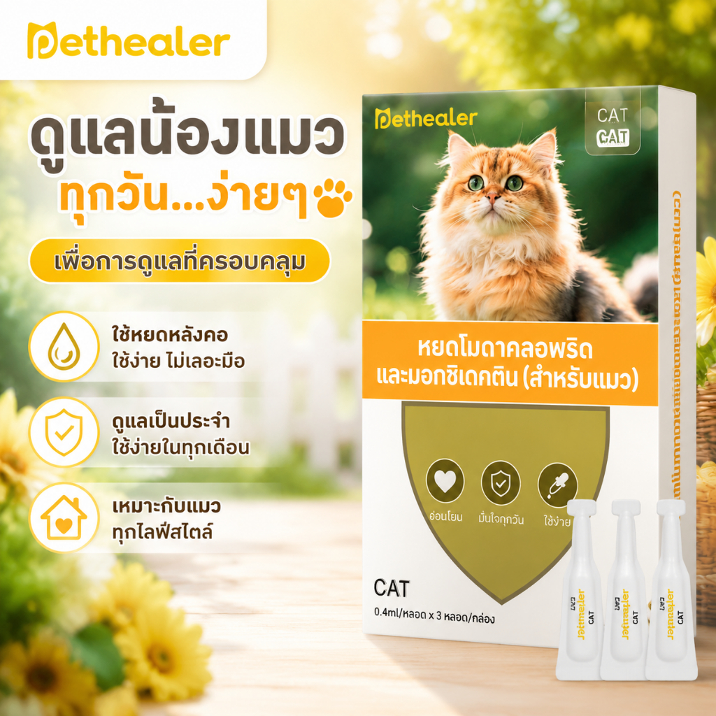 Pethealer CAT Spot Care 0.4ml x 3 ชิ้น ผลิตภัณฑ์ดูแลแมว สูตรดูแลประจำเดือน ใช้งานง่าย สำหรับแมวทุกสายพันธุ์ พร้อมหลอดแยกใช้งานสะดวก