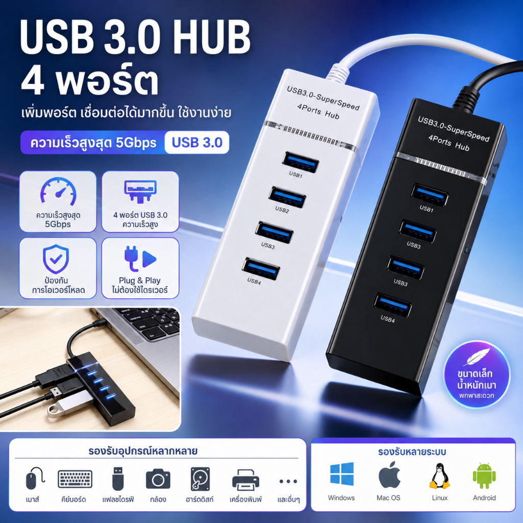 USB HUB 4 พอร์ต USB 3.0 ความเร็วสูงสุด 5Gbps เพิ่มพอร์ตคอมพิวเตอร์ เชื่อมต่อหลายอุปกรณ์ Plug and Pla