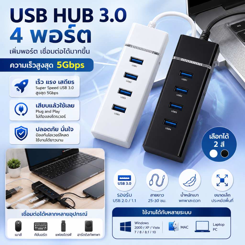 USB HUB 3.0 ความเร็วสูง 4 พอร์ต เพิ่มพอร์ต USB สำหรับแล็ปท็อป PC Plug and Play รองรับ USB 2.0/1.1 Wi