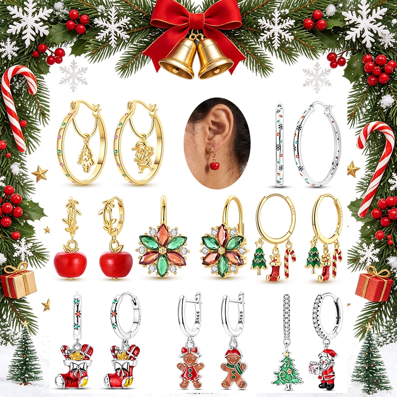 2026 ใหม่ 925 เงินสเตอร์ลิง Golden Apple Christmas Stocking Sparkling Christmas Floral ต่างหูคริสต์มาสของขวัญประณีต Jewellery