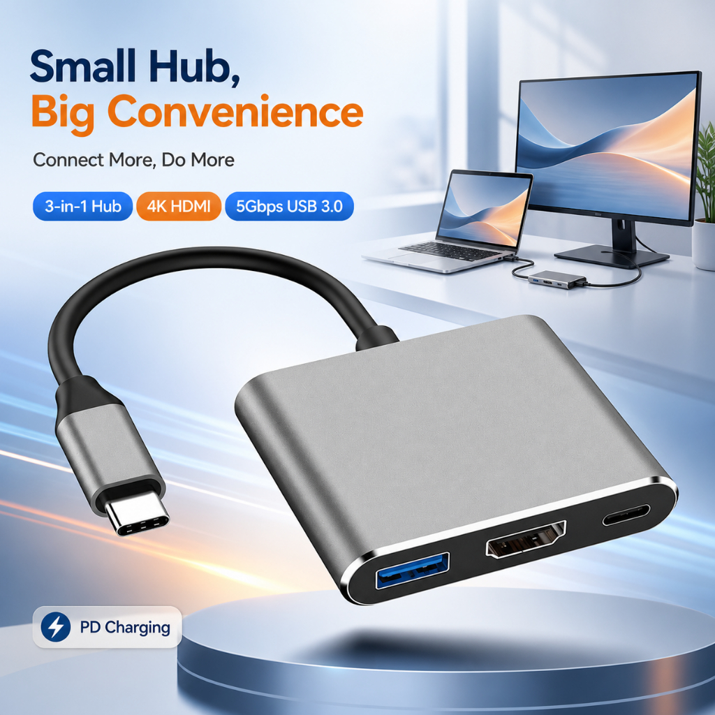อะแดปเตอร์ USB Type-C เป็น HDMI Hub 3 in 1 รองรับ 4K 30Hz USB 3.0 5Gbps PD ชาร์จเร็ว สำหรับแล็ปท็อปพ