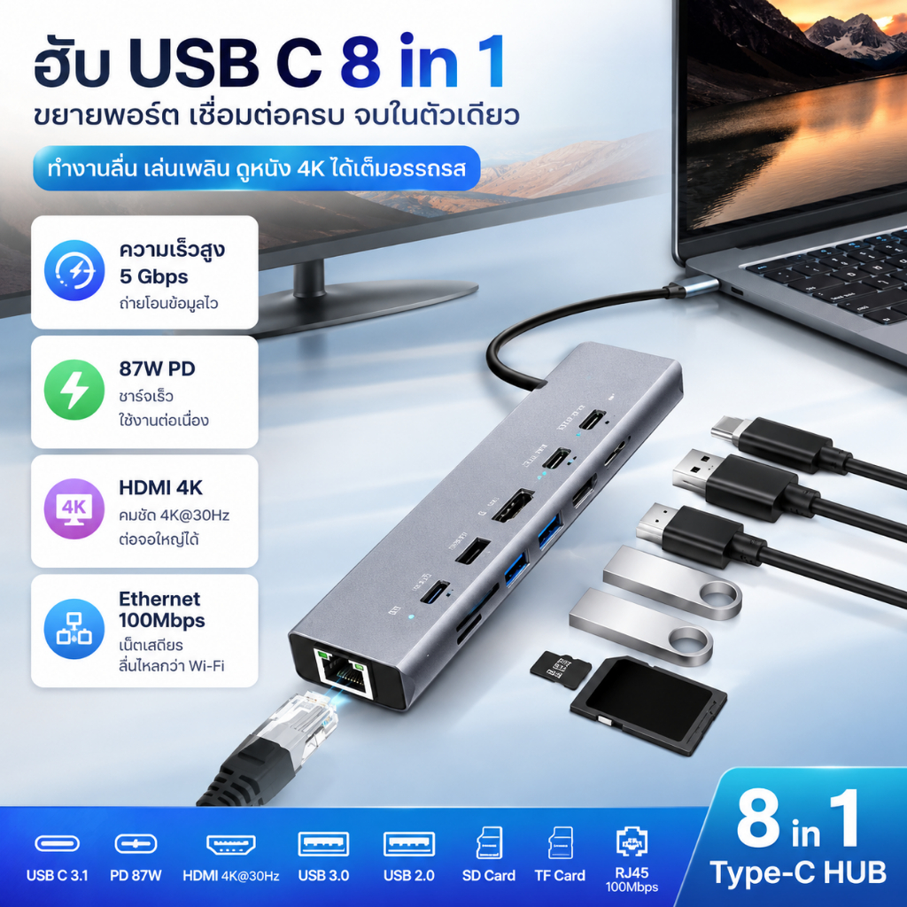 ฮับ USB C 8 in 1 Type-C HUB HDMI 4K RJ45 USB3.0 USB2.0 SD TF USB C 3.1 PD 87W ขยายพอร์ตโน้ตบุ๊ก โทรศ
