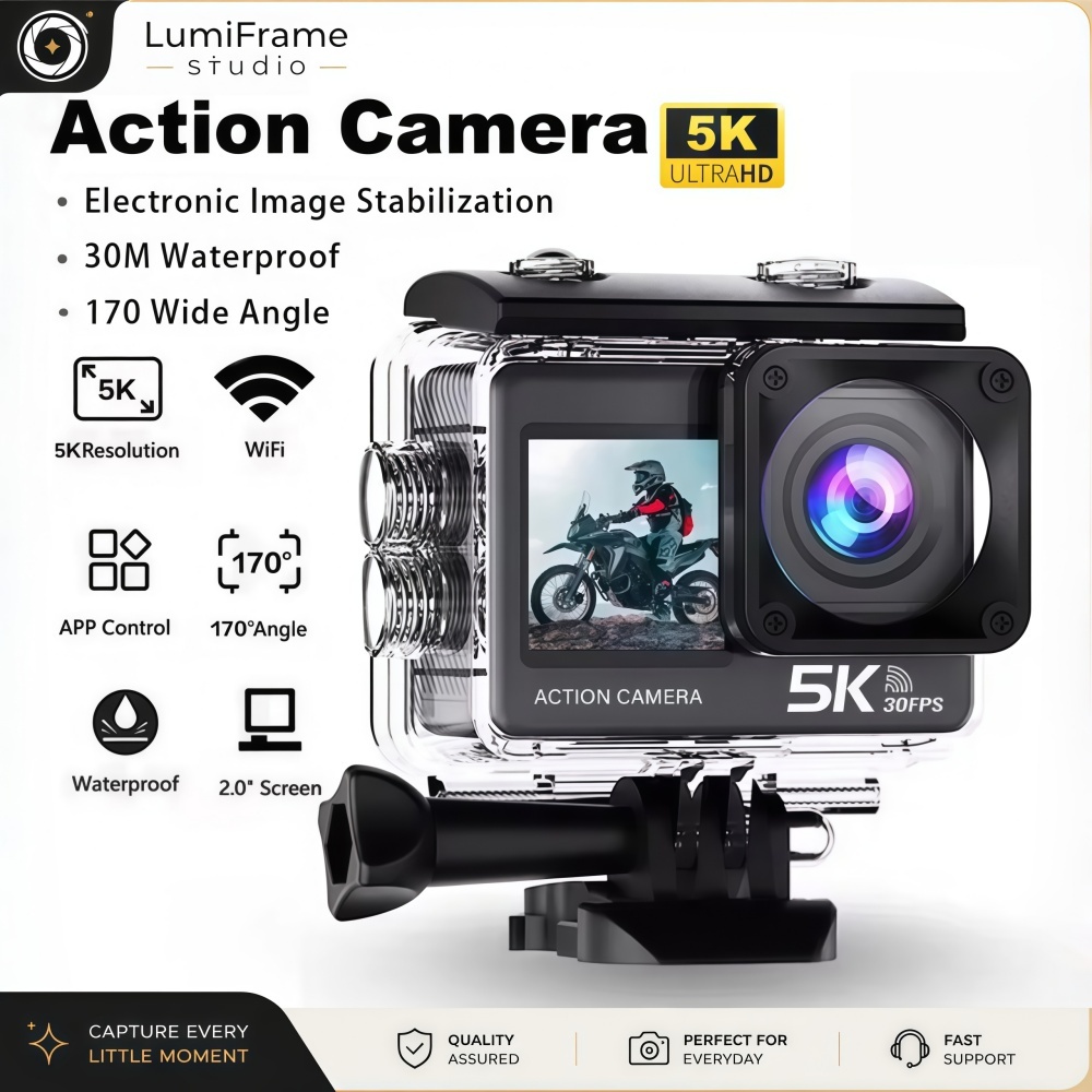 กล้องแอคชั่นแคมเมรา 5K 4K60FPS หน้าจอสัมผัส 2.0 นิ้ว WiFi 170° มุมกว้าง 30ม กันน้ําจักรยานรถจักรยานยนต์กล้องกีฬา