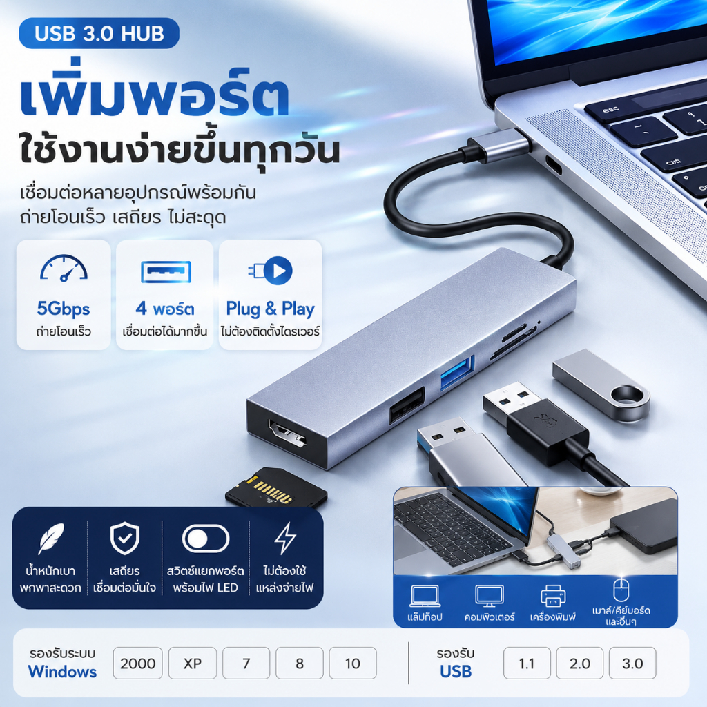USB HUB 3.0 4 พอร์ต Type-C ความเร็วสูง 5Gbps พร้อมสวิตช์และไฟ LED Plug and Play ใช้งานกับแล็ปท็อป PC