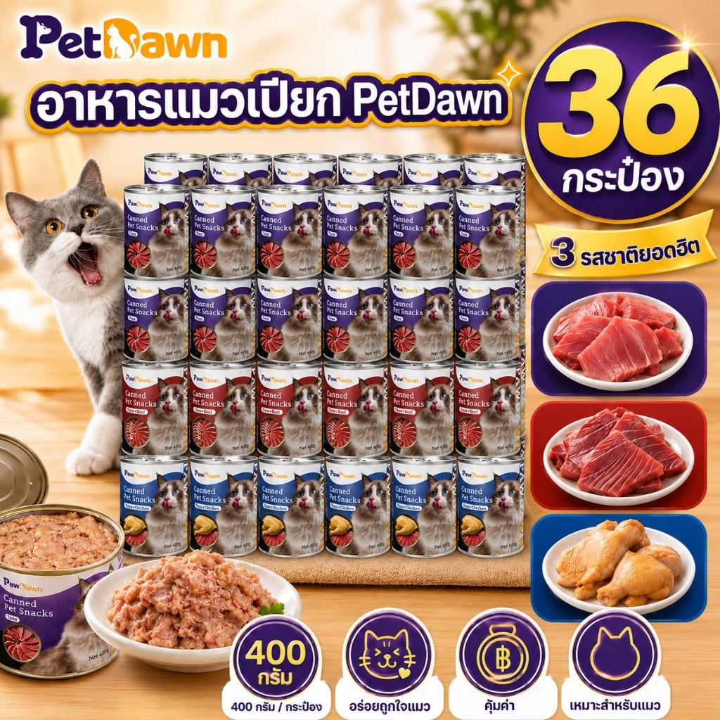 36/24/12PCS อาหารแมวกระป๋อง อาหารเปียกแมวกระป๋อง400กรัม 3 รสชาติ เหมาะสำหรับแมวอายุ 3 เดือนขึ้นไป