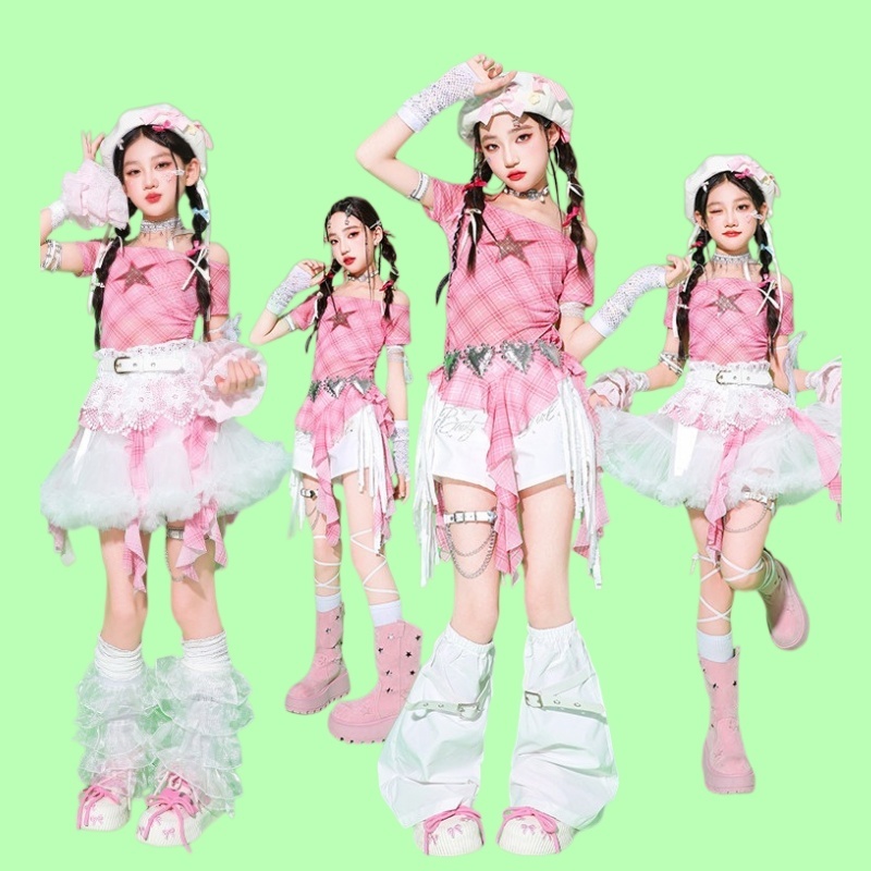 🔥มีพร้อมส่ง🔥 ชุดเต้นแจ๊สเด็กผู้หญิงสีชมพูโดปามีนประดับคริสตัล / ชุดแสดงฮิปฮอปเด็กกระโปรงบาน / ชุดแฟชั่นเด็ก