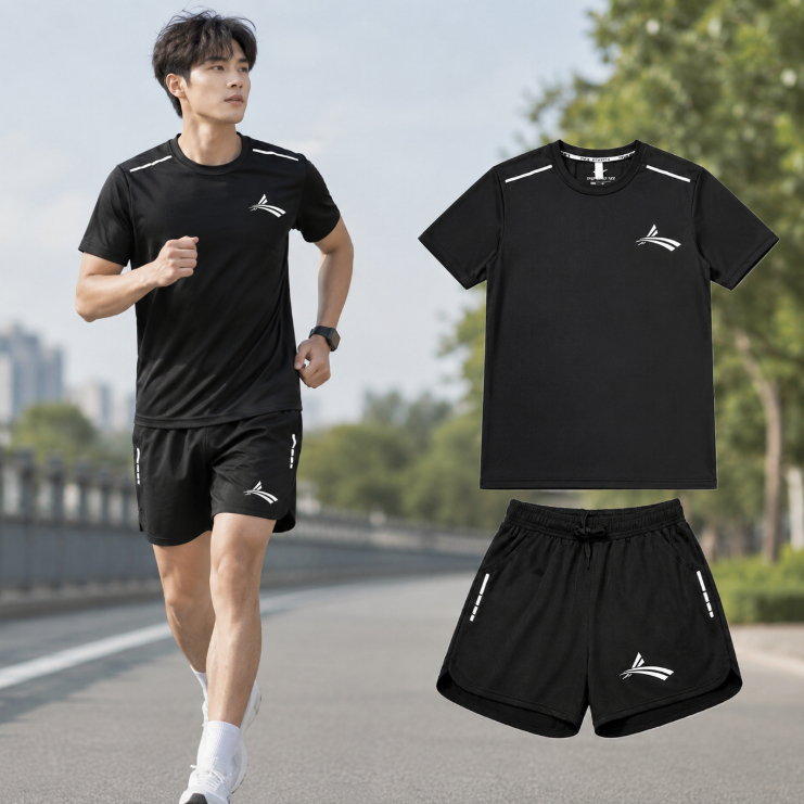 ผู้ชายฉชุดออกกําลังกายกีฬาแขนสั้นกางเกงขาสั้นสีดําที่มีโลโก้พิมพ์ดูดซับเหงื่อระบายอากาศวิ่งยิมขนาดใหญ่ ม-4เอ็กแอล