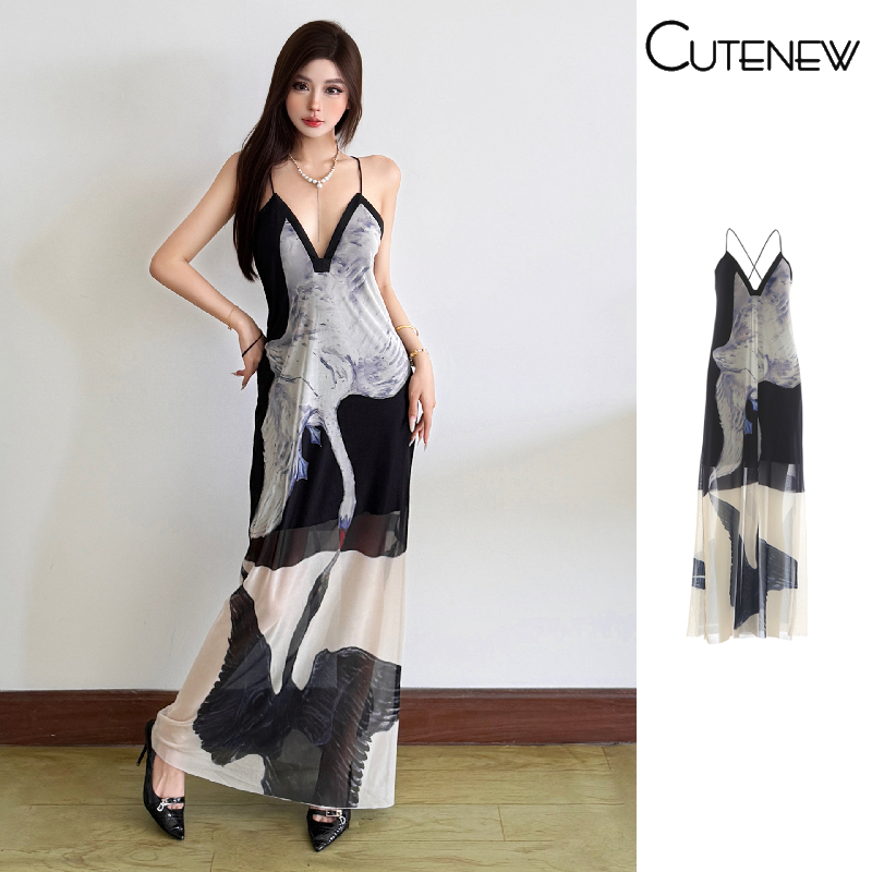 Cutenew Maxi Dresses Sling Mesh Patchwork Sfumato Deep V สบาย Breathable ผู้หญิงฤดูร้อนสไตล์เกาหลี