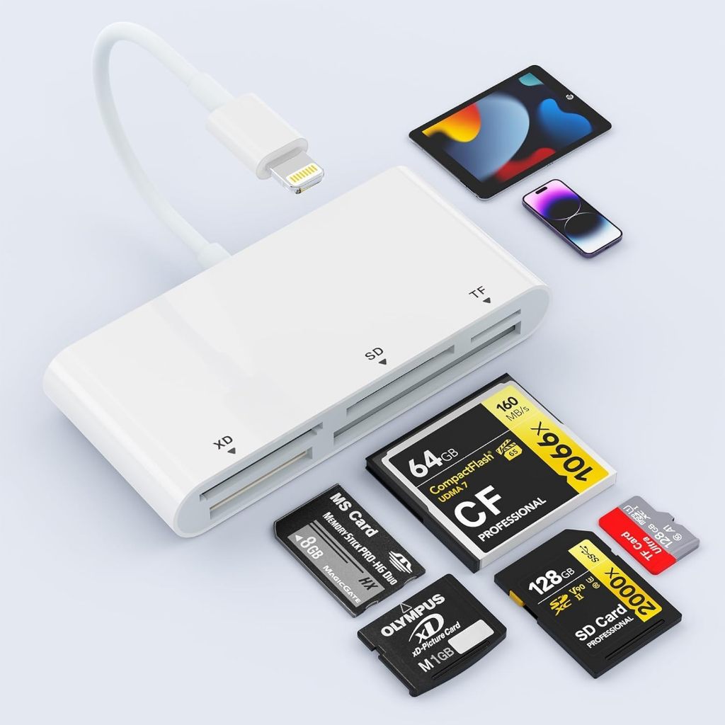 เครื่องอ่านการ์ด SD สําหรับ iPhone, 5-in-1 Multi Memory XD, CF, SD, TF, MS อะแดปเตอร์สําหรับ iPhone 