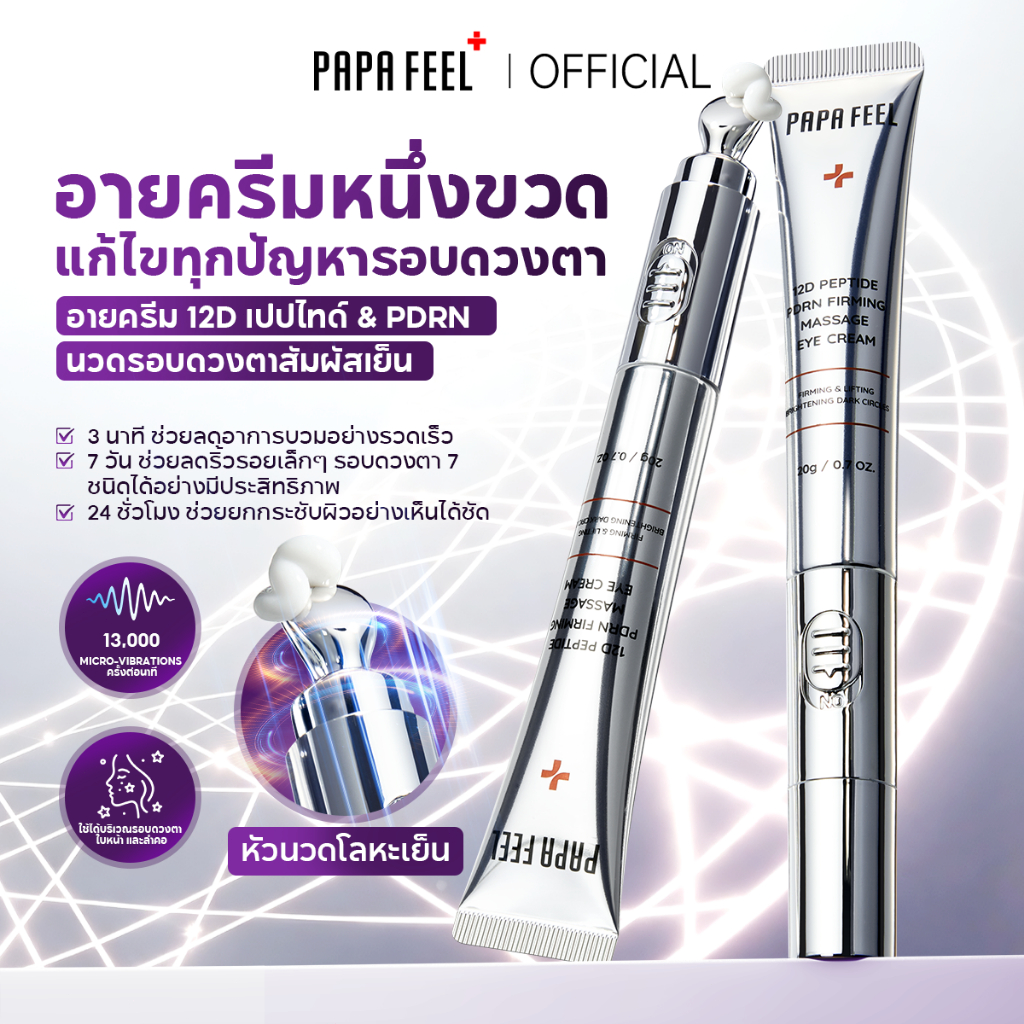 PAPA FEEL 12D Peptide & PDRN อายครีมพร้อมหัวนวด 20 กรัม คาเฟอีนและไนอะซินาไมด์ สำหรับดูแลรอยคล้ำใต้ตาและริ้วรอย