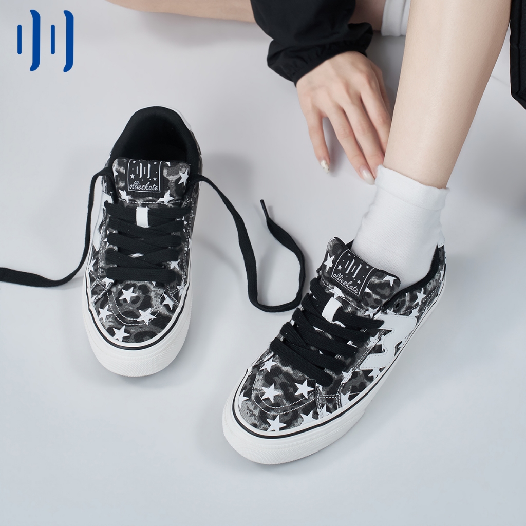 Ollieskate สีดําสีขาวเสือดาวพิมพ์หนังนิ่มผ้าใบเย็บแฟชั่นสบายๆผู้ชายผู้หญิงสเก็ตบอร์ดรองเท้ารองเท้าผ้