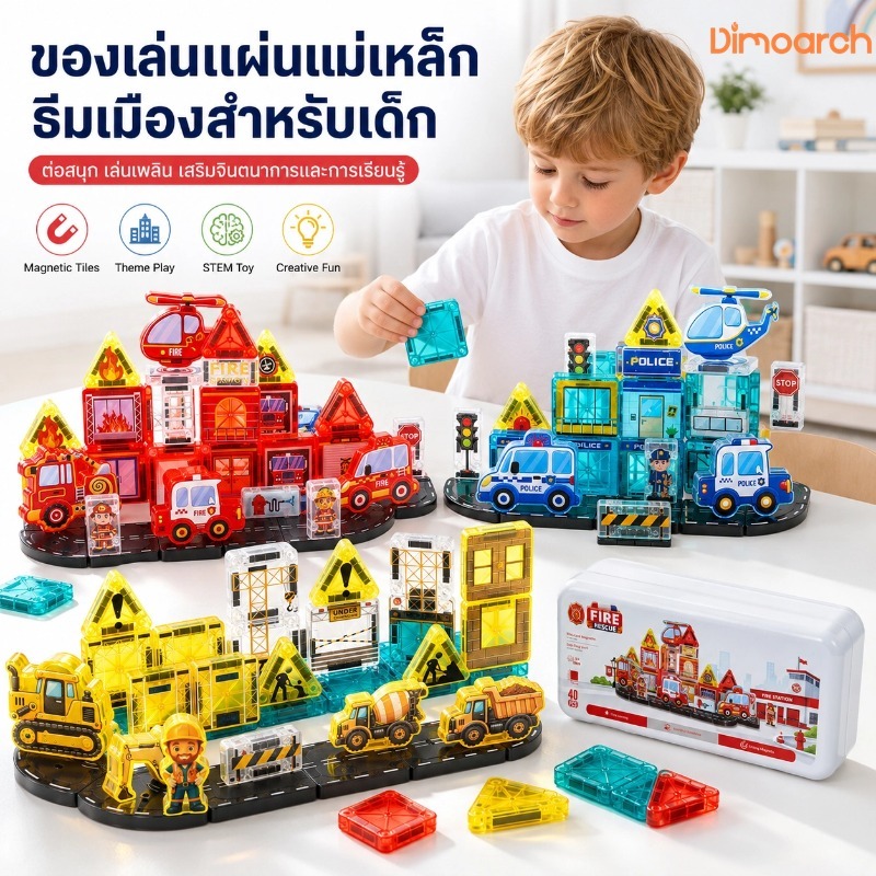 Magnetic Tiles ของเล่นแผ่นตัวต่อแม่เหล็ก ธีมเมือง 3D STEM ของเล่นเสริมพัฒนาการ DIY สร้างเมือง ตำรวจ ดับเพลิง ก่อสร้าง พร้อมรถและตัวละคร ของขวัญเด็ก