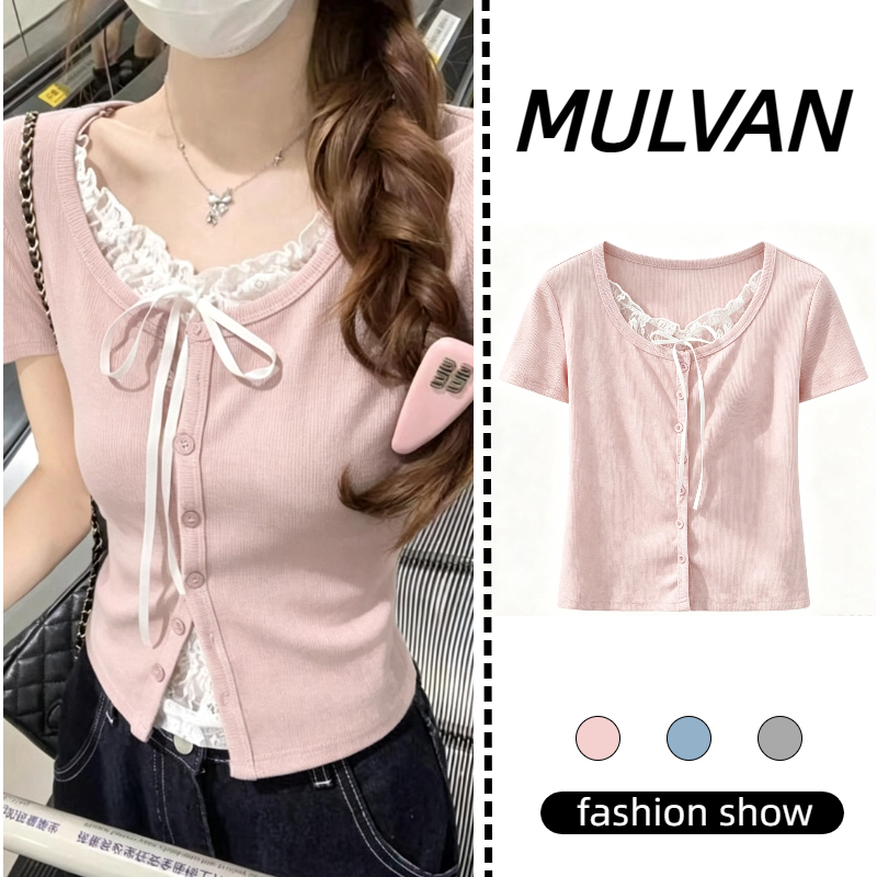 ผู้หญิง เสื้อแขนสั้น การออกแบบลูกไม้ ผูกโบว์ สไตล์หวาน（จัดส่งจากกรุงเทพฯ）