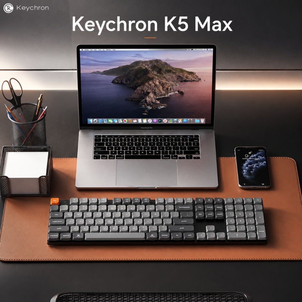 Keychron K5 Max คีย์บอร์ดไร้สายแบบกําหนดเองบางเฉียบ, QMK/VIA โปรแกรม 3 โหมดบลูทูธ/2.4 GHz/แบบมีสายพร