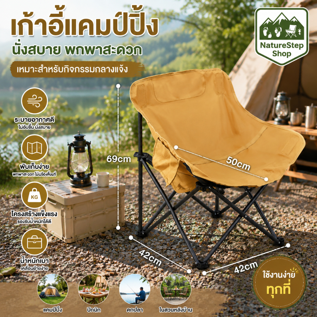 ดวงจันทร์ เก้าอี้ แบนผ้าเก้าอี้พับกลางแจ้งชิ้นเดียวทั้งผ้ายืดหยุ่นสบายพนักพิงสูงพอดีกับเอวกลับโครงเหล็กหนามั่นคงโหลด-แบริ่งพับแบบพกพาที่เดินทางมาพั