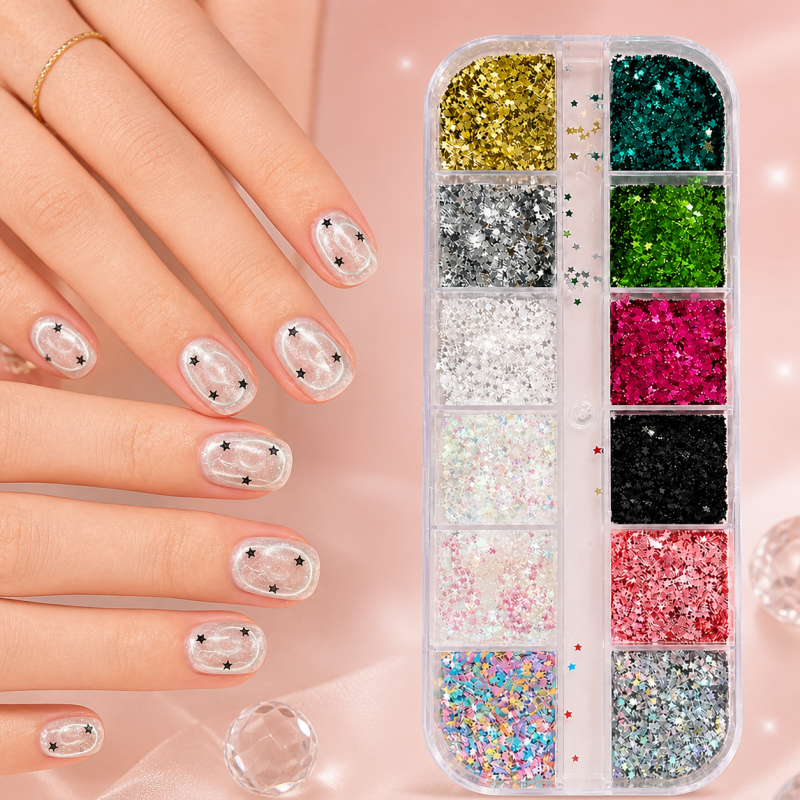 SuperNail 12 กริด Star เลื่อม Five-pointed Star สีสันเล็บ Charm Sparkle 3D เล็บ Rivet ตกแต่งเล็บ DIY อุปกรณ์แต่ง Vary